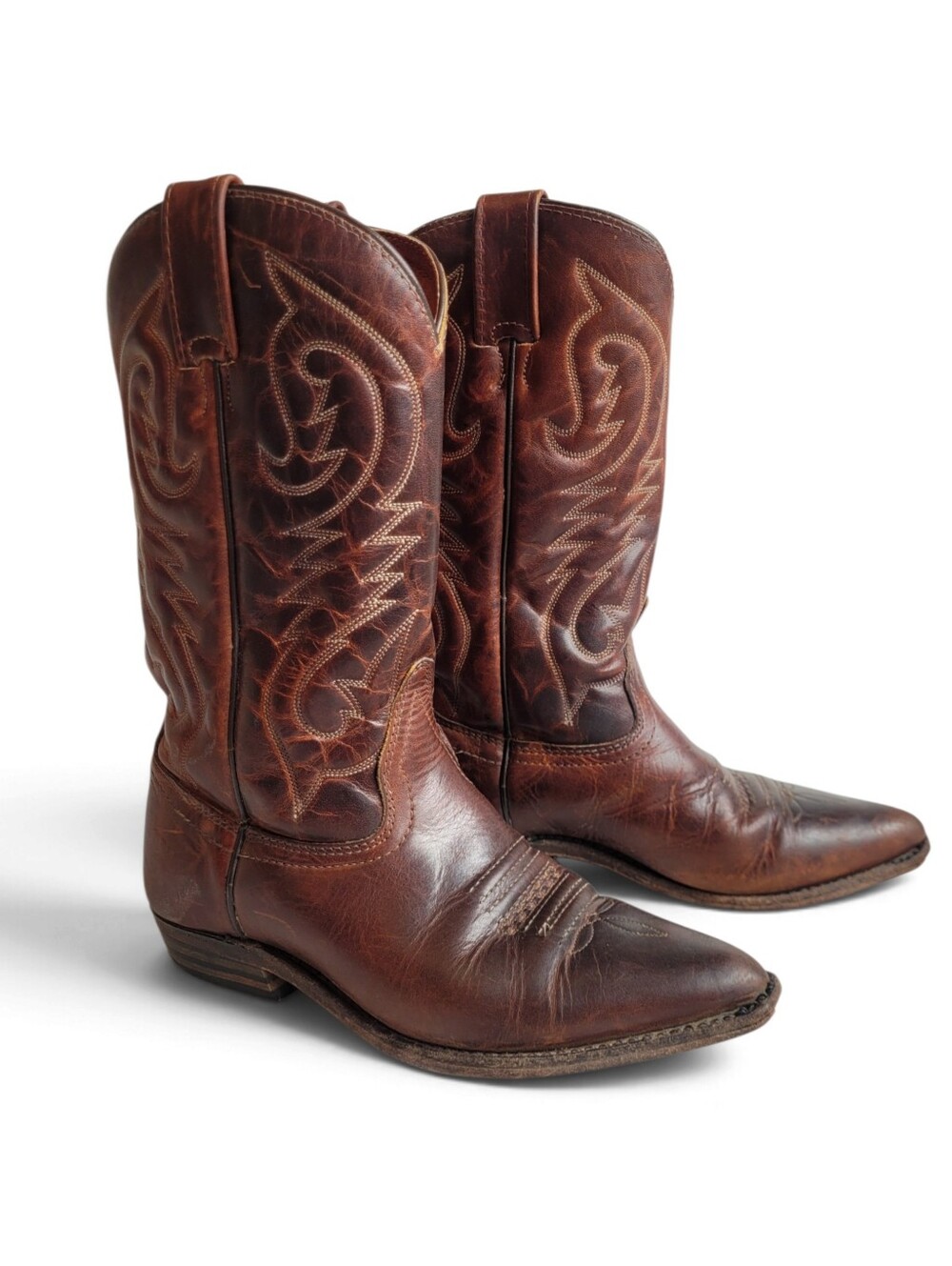 Vintage Mahogany Brown Leather Western Cowboy Boots Size 7 Fits 6.5